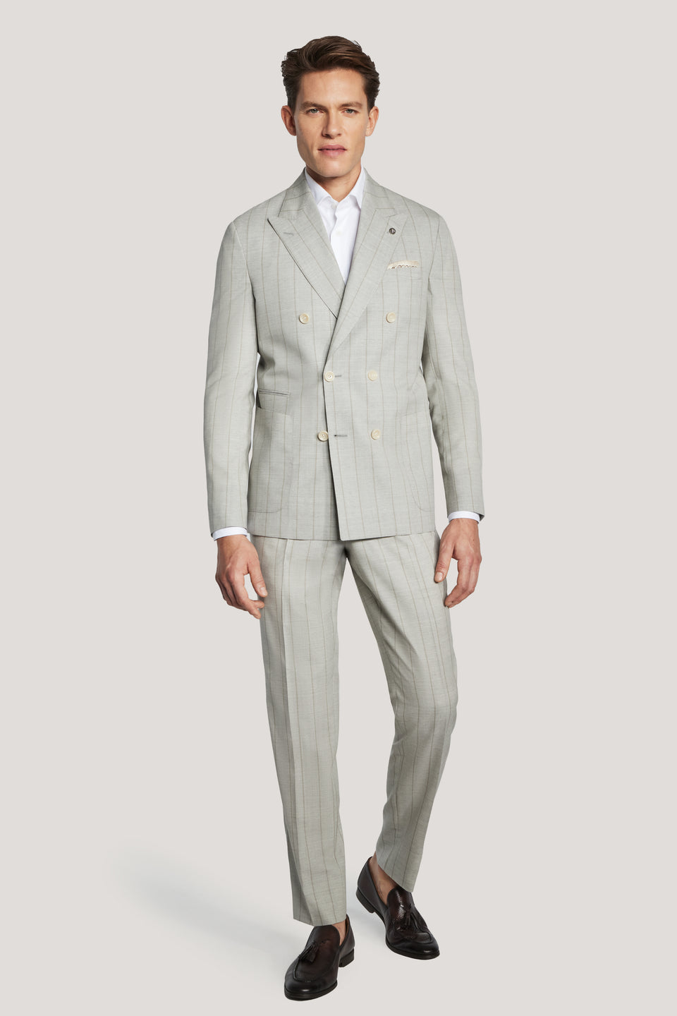 Light Grey Double Breasted Pinstripe Suit