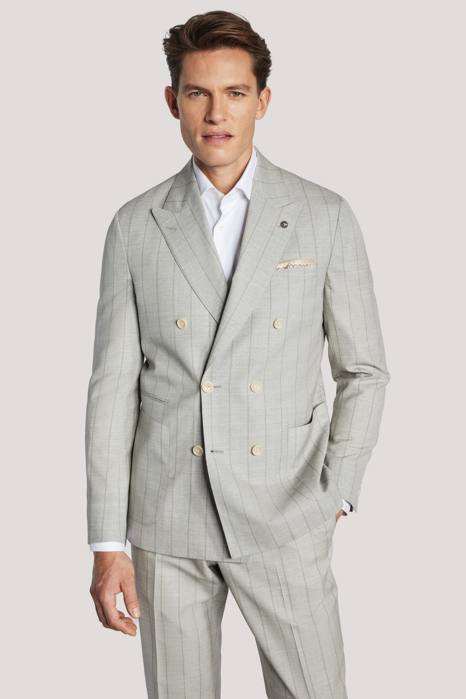 Light Grey Double Breasted Pinstripe Suit