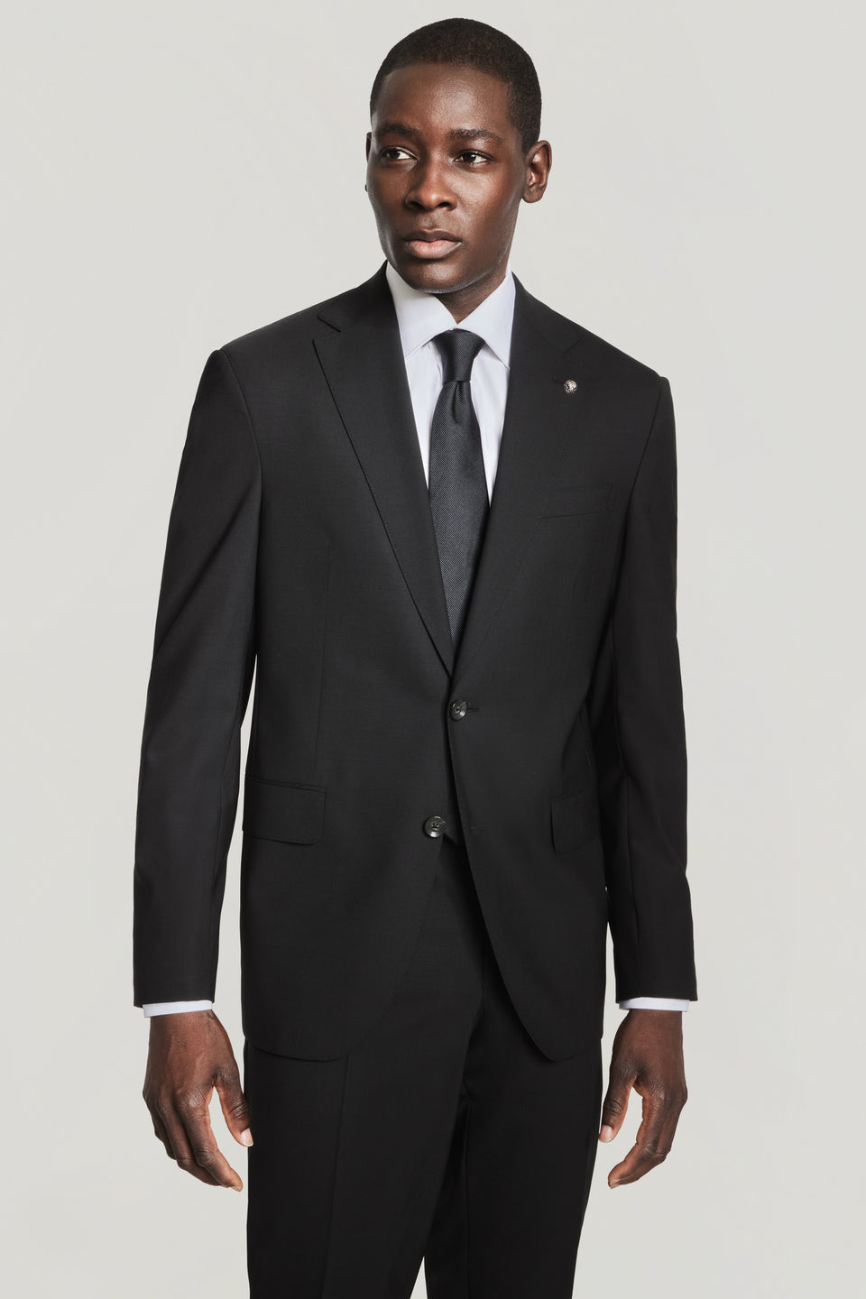 BLACK SOLID WOOL STRETCH SUIT