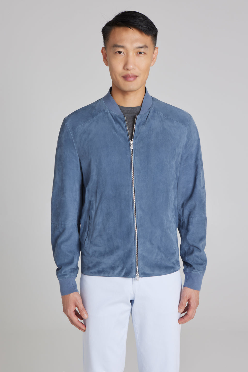 BARCLAY SUEDE BOMBER JACKET IN BLUE